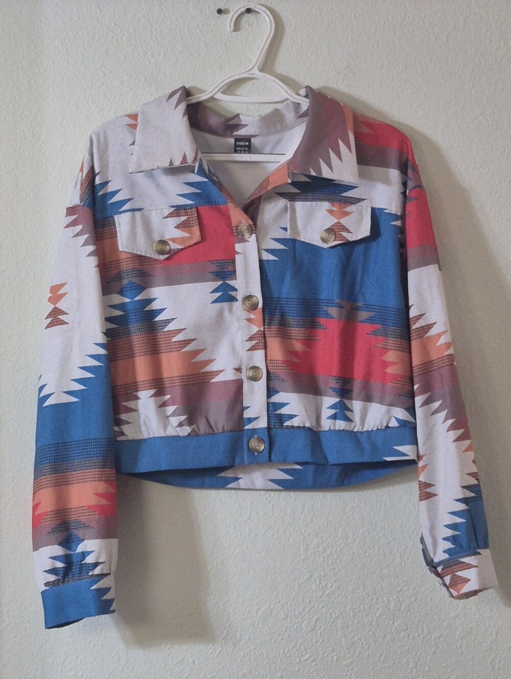 SHEIN Aztec Crop Jacket in Blue & Red